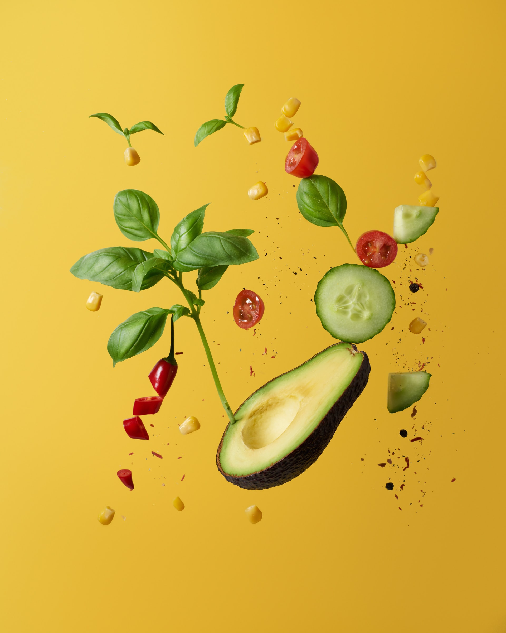 Vegan foods such as avocado and basil